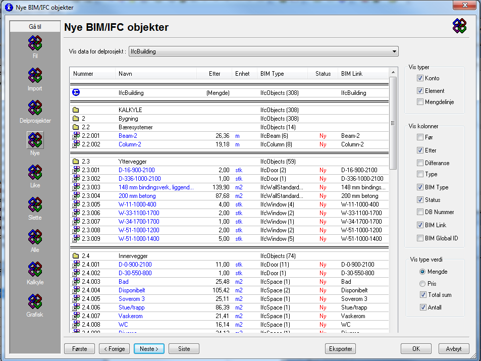 Vi går videre ved å trykke neste. Da kommer vi til den siden som forteller hvilke nye IFC objekter som er funnet. Ved førstegangsimport er alt selvfølgelig nytt.