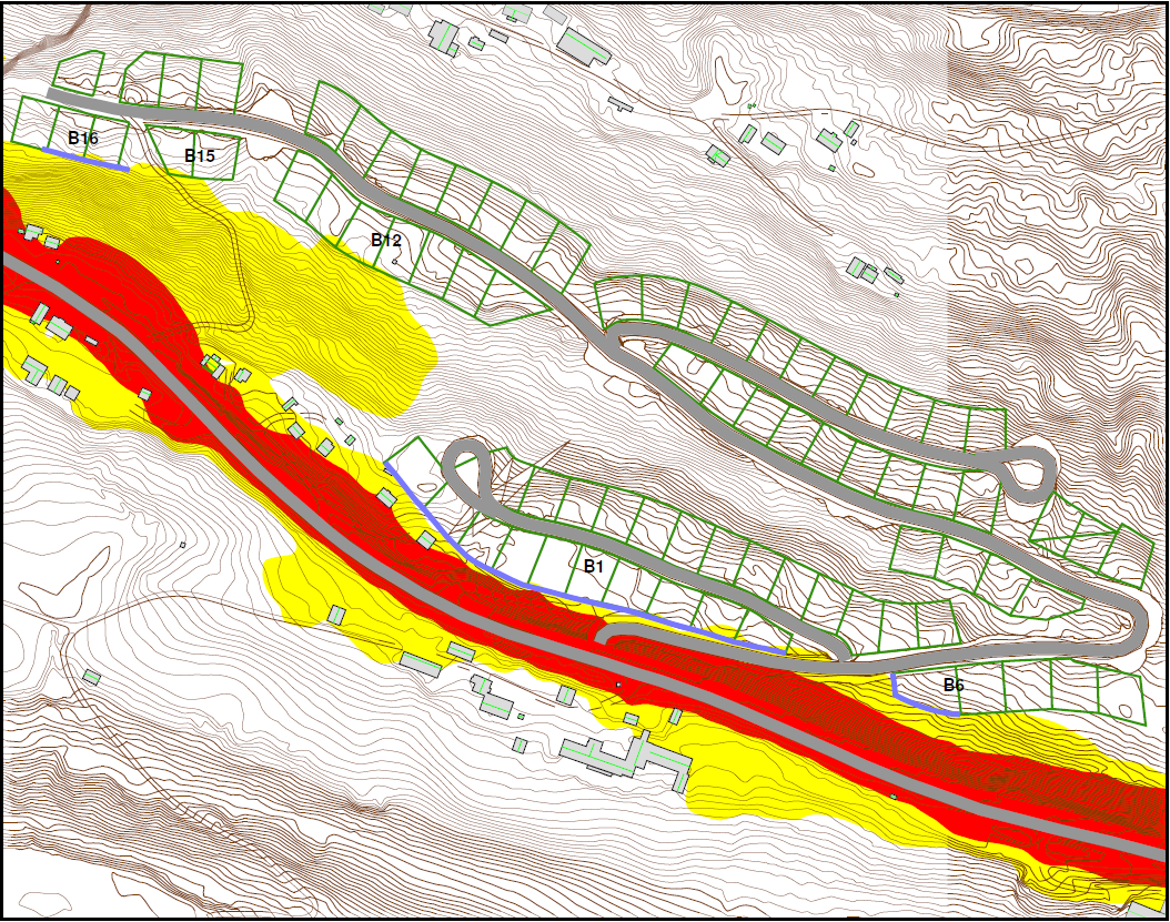 STØYUTREDNING 13 (18) Figur 6 Støysonekart for Vestlia boligområde med trafikktall for 2034 etter utbygging med beregningshøyde 1,8 meter over terreng og avbøtende tiltak i form lokale støyskjerm ved