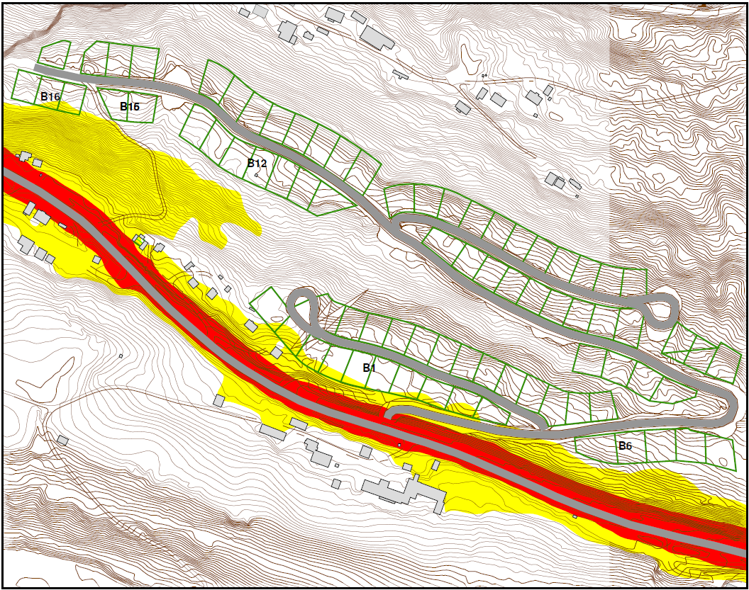 14-(18) STØYUTREDNING Alternativ avbøtende tiltak: Figur 7 Støysonekart for Vestlia boligområde med trafikktall for 2034 etter utbygging med beregningshøyde 1,8 meter over terreng og skillet