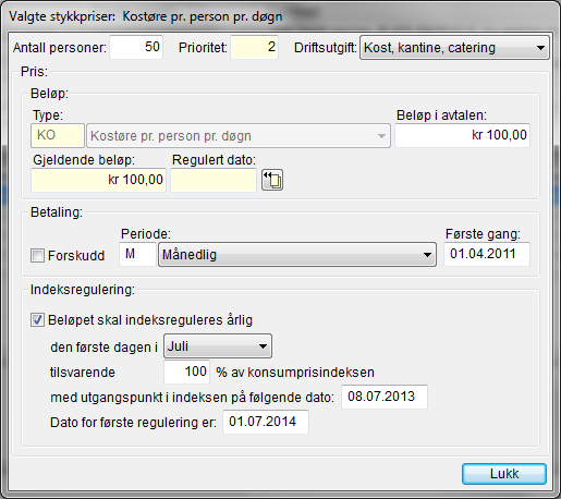 7 Variable priser Indeksregulering av stykkpris eller kostøre gjøres på samme måte som fast drift og leie. Ved regulering av stykkpris skal POF brukes.