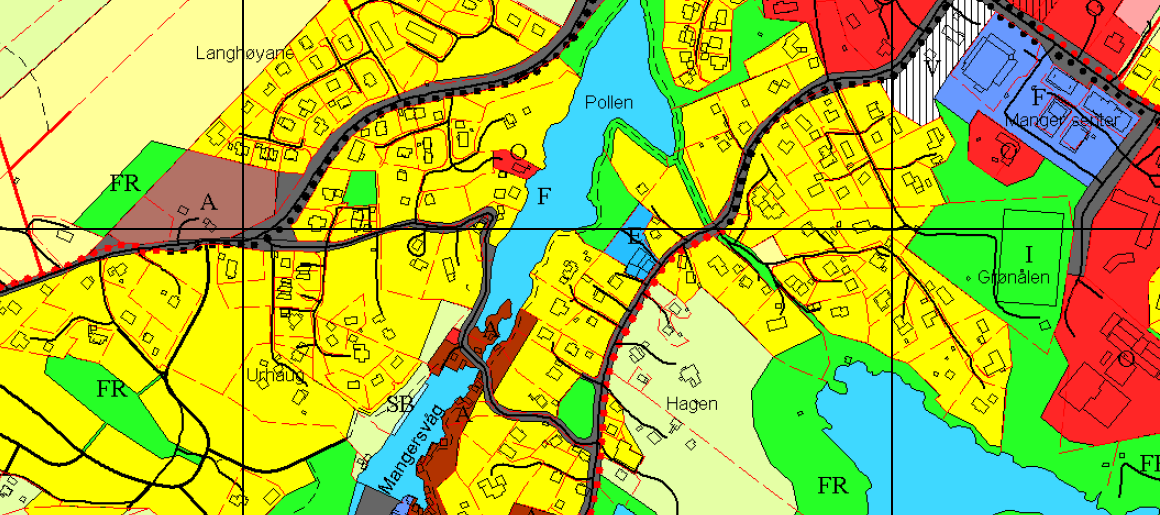 Side 6 Figur 3 Utsnitt av kommunedelplan for Manger2007-2019. Planområdet i svart firkant. Kommunedelplanen har knytt føresegner til nye bustadområde. Desse er såleis førande for planarbeidet.