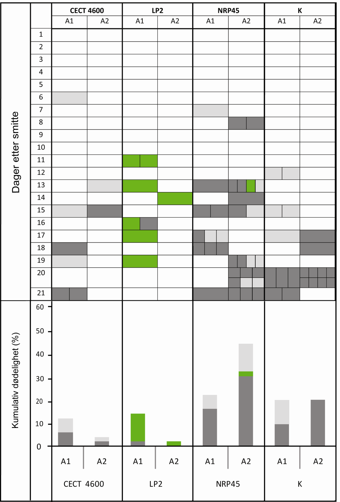 Resultater Figur 14. Forsøk 3, 12 C. Dødelighet av grønngylt smittet med Vibrio tapetis-isolatene CECT 4600, LP2 og NRP45.