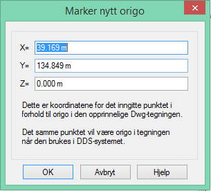 DDS-CAD 11 Sette inn dwg-fil 29 Her er aksepunktet A-1 funnet og origo er markert. En dialogboks åpnes og viser koordinatene til nytt orirgo i forhold til det gamle. Koordinatene skal ikke endres.