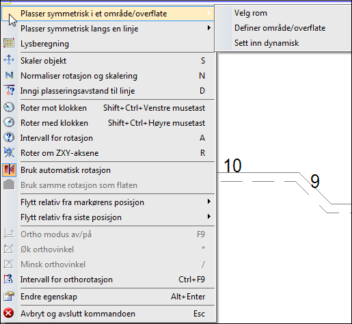 Vi følgende valg i standard verktøysett: Lysrørarmatur Lysskinne Glødelampe Lysberegning Kobling til Dialux Fra menyen Sett inn kan lys velges fra undermenyen Belysning.