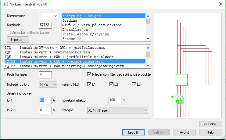 84 Installasjon DDS-CAD 11 Inntak Dobbeltklikk på sentralen som er plassert i modellen og velg fanen Kursliste eller velg menyen Sett inn for å legge inn inntak og andre kurser i denne.