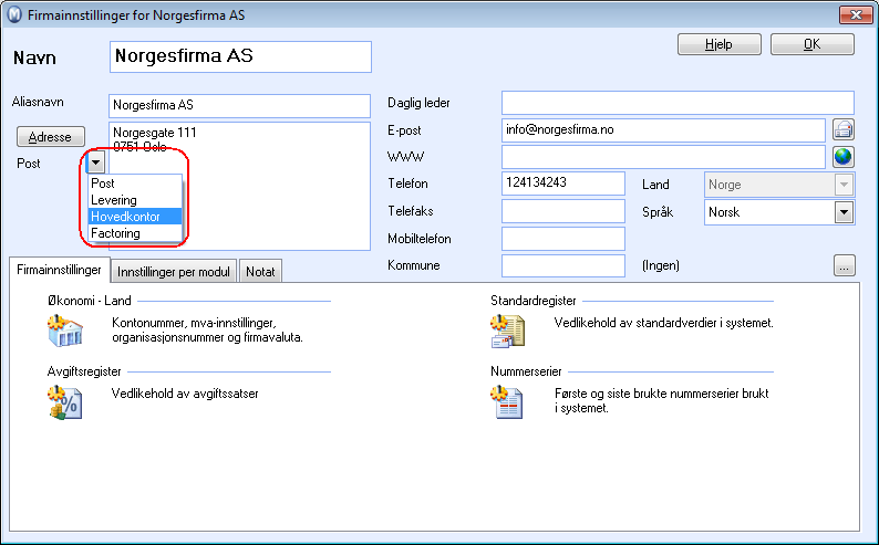 Nyheter i Mamut Business Software 16 Felt for hovedkontoradresse i firmainnstillingene Du kan nå legge til adressen til ditt hovedkontor i firmainnstillingene under Vis -