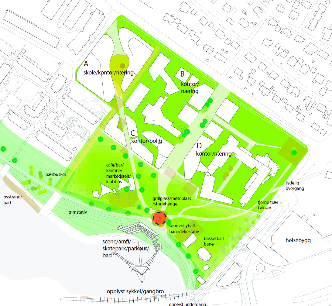 fortsatt at sentrum skal vokse innenfra og utover, med stor grad av funksjonsblanding og høy arealutnyttelse.