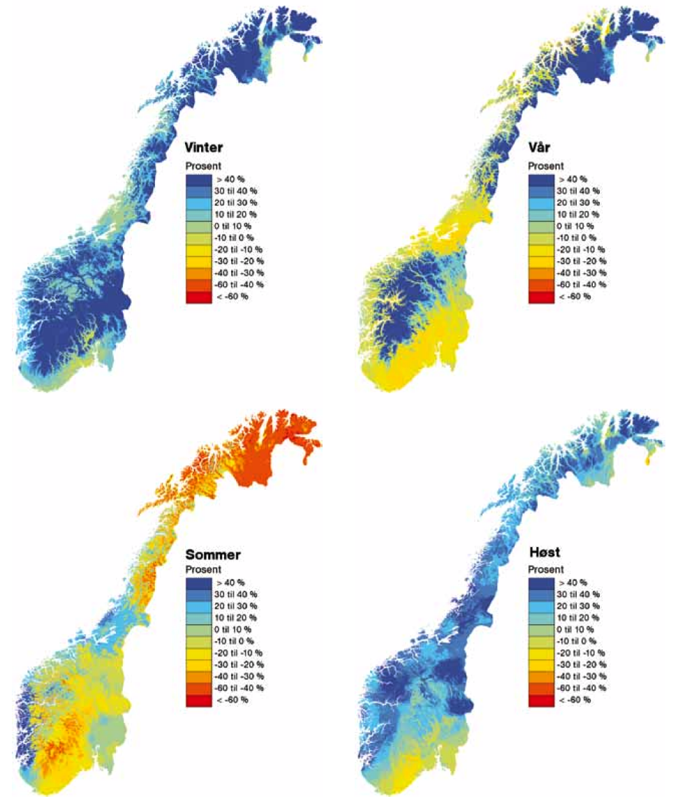 nedbørmengde. Det er i ulike klimarapporter/prognoser antydet inntil 40-60% økning i nedbørmengde ved ekstremhendelser.