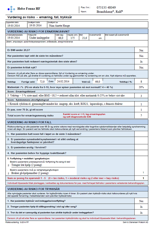 Tryggpleie ernæring Del av Pasientryggleikssprogrammet i Helse Vest fall Skjema innført i