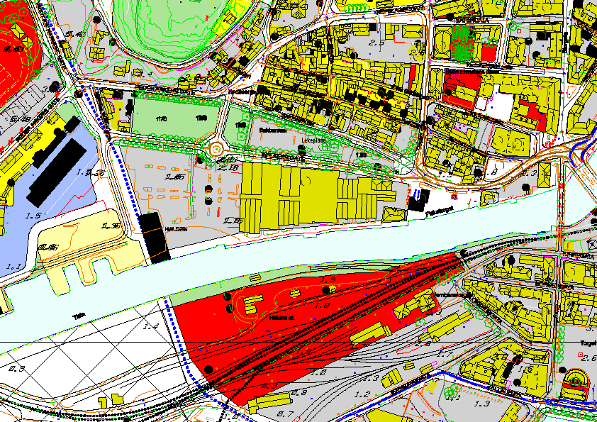 4.0 OVERORDNET PLANSTATUS Planområdet, Høvleriet/ Fisketorget, er i kommuneplanens arealdel markert med grå farge på kommuneplankartet som eksisterende sentrumsområde, og ballbingen og skolestadion