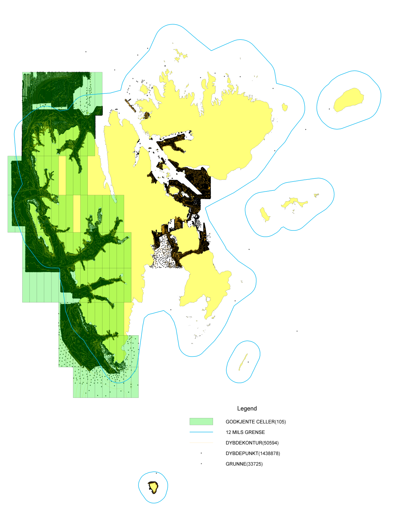9.2 Primærdata Svalbard Hele østsiden mangler godkjente data. Ingen dybdearealer er etablert.