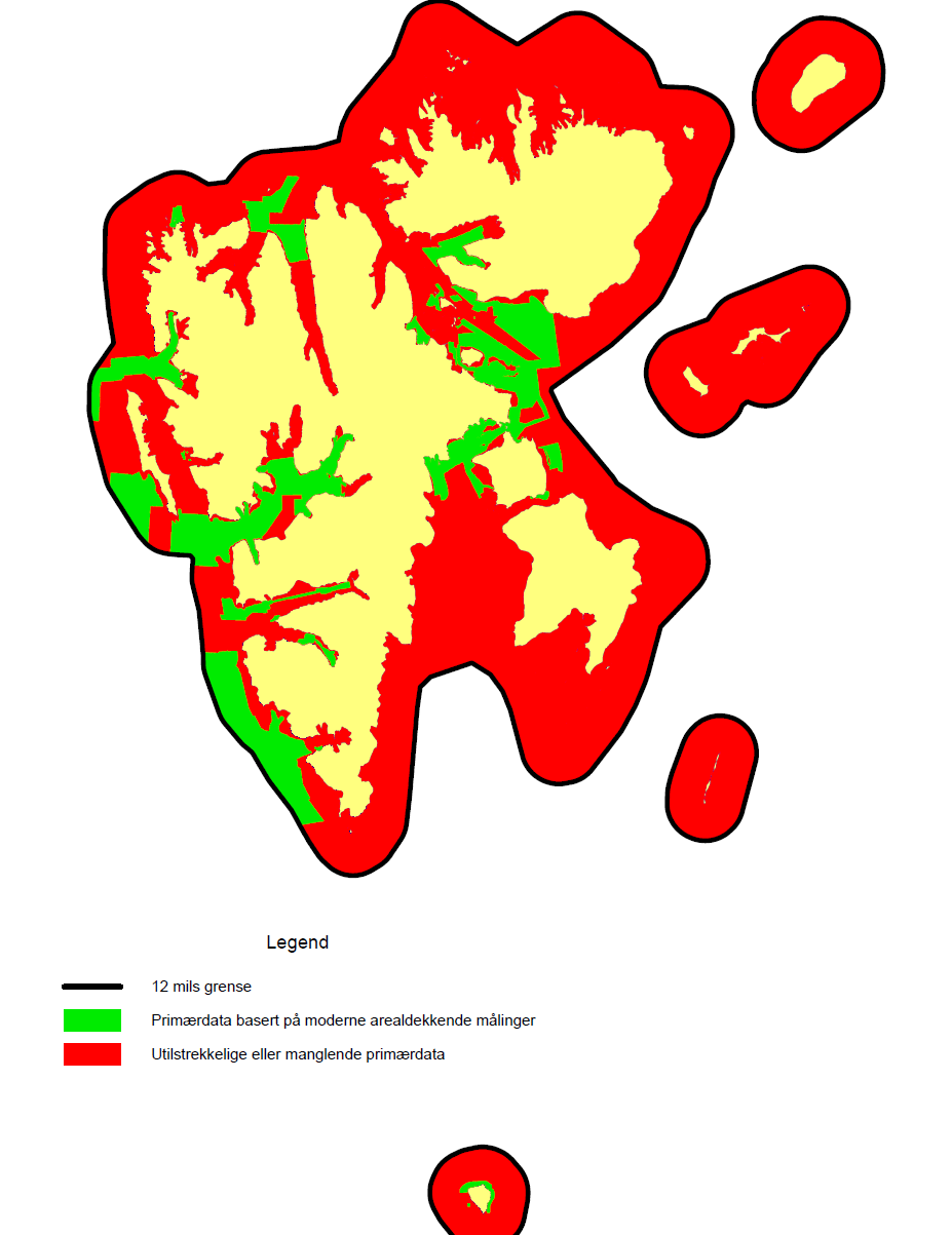 Selv om det er god dekning av godkjente ENC-celler på vestsiden av Svalbard så viser følgende figur at en stor del av datagrunnlaget er basert på målinger som ikke holder