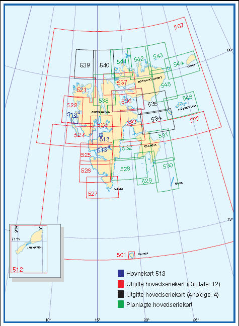 Figur 26. Utgitte og planlagte sjøkart på Svalbard 13.1.6 Havnekart Havnekartporteføljen består pr 01.01.12 av 45 kart. 30 av disse er digitalt forvaltet.