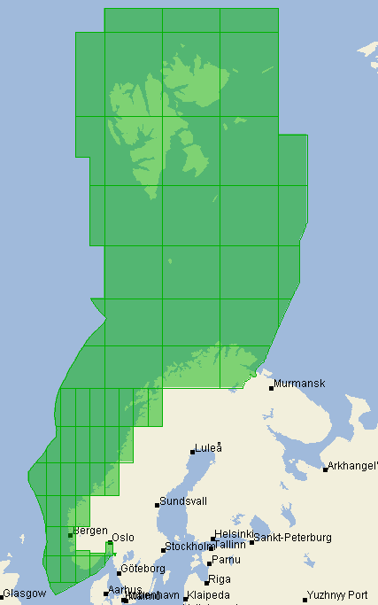 Figur30. Dekning NO2 ENC Målestokk område Tilgjengelige redaksjonsmålestokker Radar avstand 1:350.000 1:1.499.999 700.000 350.000 48NM 24NM 13.2.3 NO3/Coastal 13.