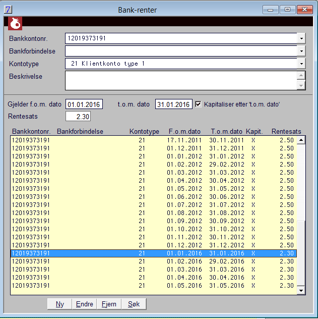 5 FORBEREDELSER FOR KUNDER MED RENTER Rentesatsene på de klientkonti som benyttes er ofte lagt inn ut året 2015. Husk derfor på å gå inn i renteinfo-vinduet og legg opp rentesatser ut året 2016 også.