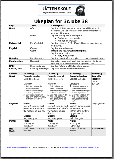Ukeplan Mål Lekser Informasjon til hjemmet Legges ut på