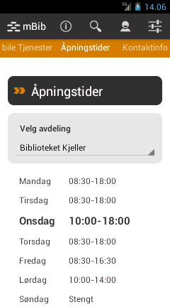 3.2.1.3 Åpningstider Brukte filer: fragment_aapningstider.xml, AapningstiderFragment.java Åpningstider presenterer tid for når de ulike byggene/områdene er åpent.