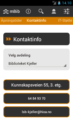 3.2.1.4 Kontaktinfo Brukte filer: fragment_kontaktinfo.xml, KontanktInfoFragment.java Her blir det vist telefonnummer, adresse og kontakt email for ulike entiteter.