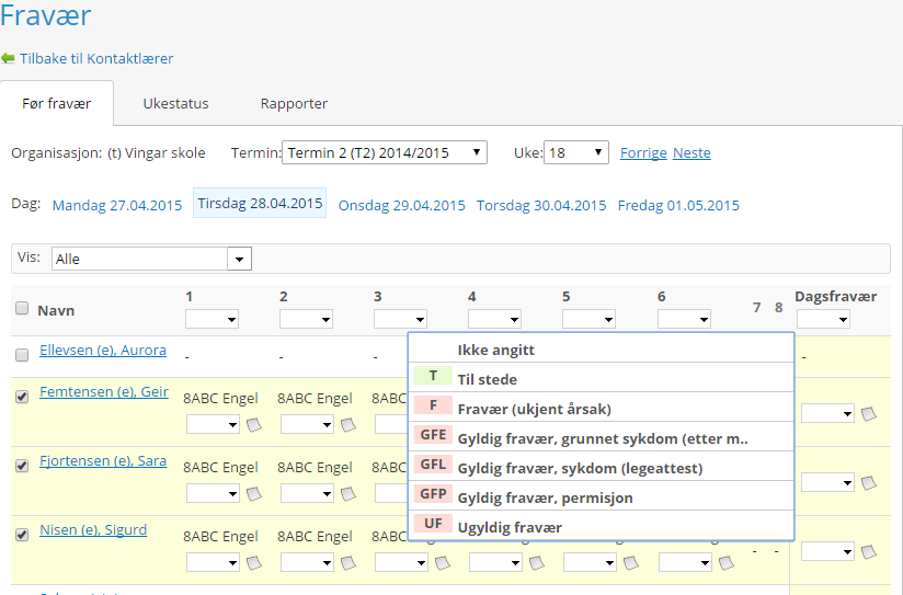 NB! Det er bare kontaktlærer som har mulighet til å føre dagsfravær: 6.2 NB!