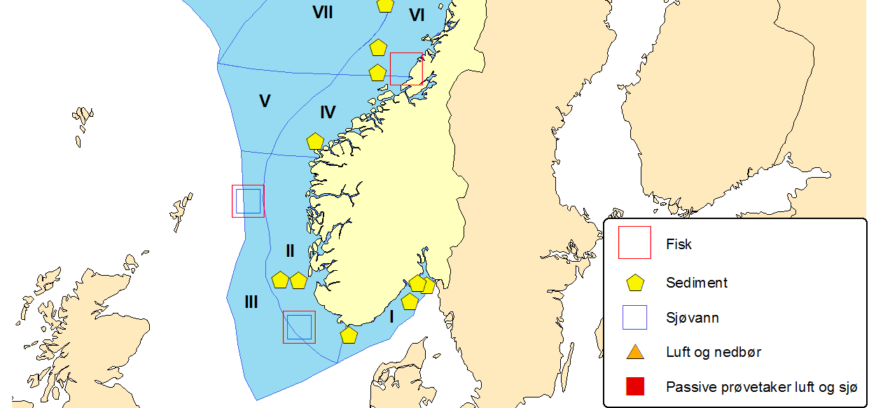 Figur 1. Havområdet med inndeling i 12 regioner (kilde: Kystverket), avgrensningen av forvaltningsplanområdet og planlagte overvåking i forbindelse med Tilførselsprogrammet 2009-2011.