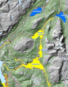 Vefsnaregionen - rotenonbehandling Volum (m3) Areal km2 Største dyp Snittdyp (M) Fustvatnet 221 541 343 10,6 68 20,8 Mjåvatnet 13 035 337 2,6 12 5 Ømmervatnet 146 511 497 5,35 66 27,2 381 088 177 19