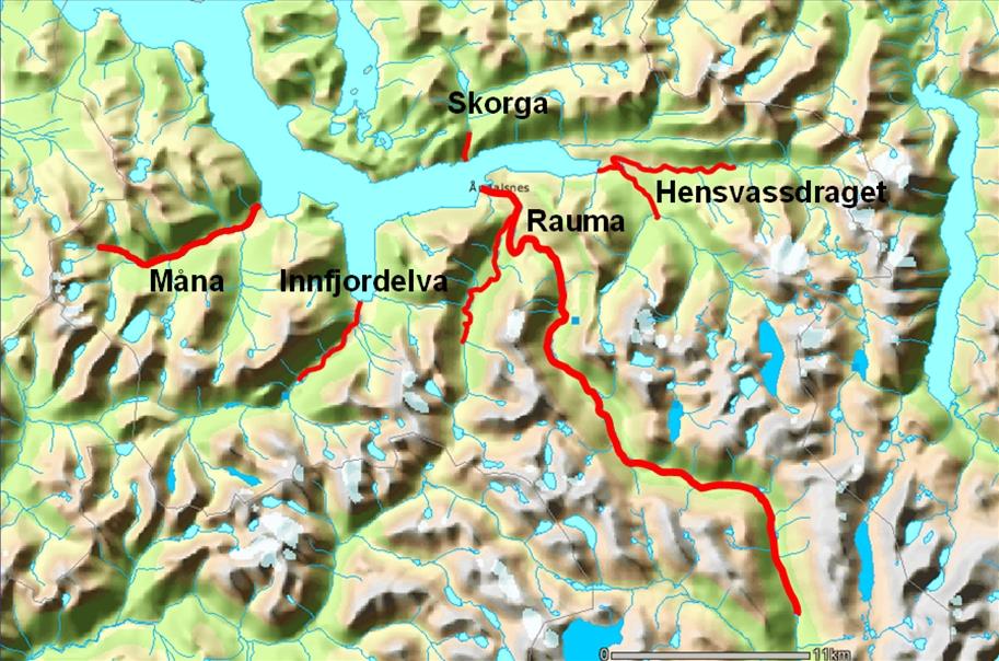 Raumaregionen Fem vassdrag behandlet i august/september 2013 og 2014. Tidligere behandlet i 1993.