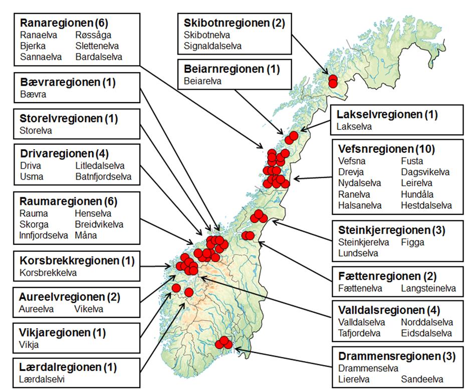 Kjente introduksjoner og spredning 4 kjente introduksjoner fra Sverige: 1. Akvaforsk Sunndalsøra 2.