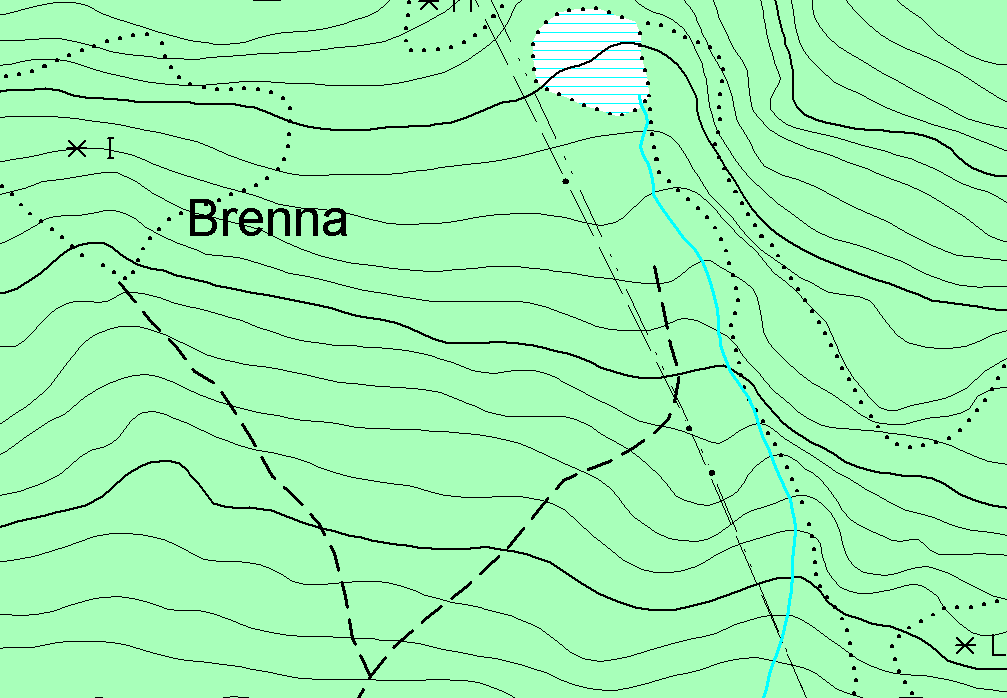 SOSI Del 3 Produktspesifikasjon for FKB Generell del Side 52 av 54 Figur 19. Figuren viser lovlig løst endepunkt for bekker og stier i rosa, mens nodepunkt vises i oransje.