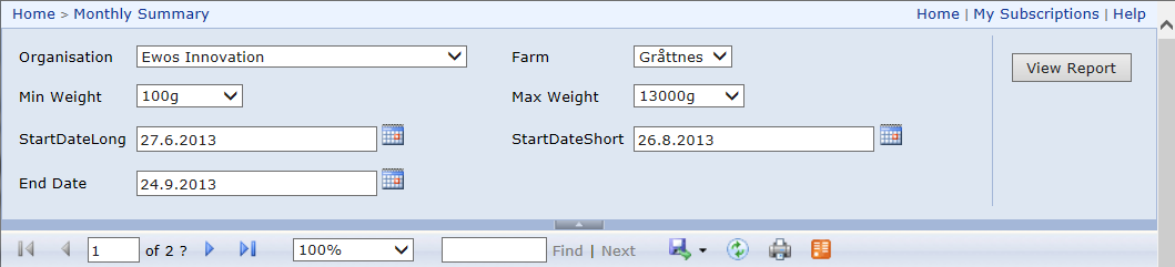 For Min og Max Weight gjelder det samme som før, de utelukker uønsket fisk/skygger fra vektberegningene. StartDateLong er første dato i graf nr.