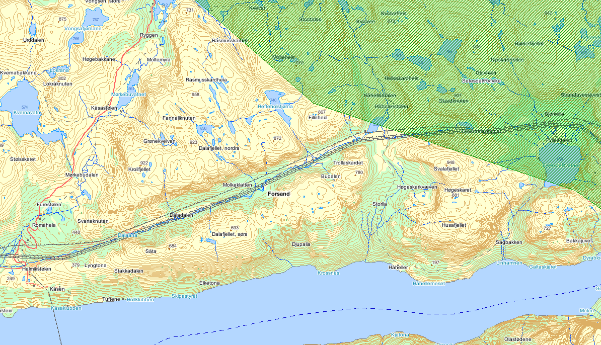 Figur 8. Kart som viser grensen for Setesdal-Ryfylkeheiane villreinområde (kilde: http://dnweb12.dirnat.no/nbinnsyn/).