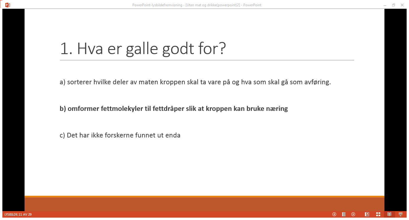 Resultater Peer Instruction- spørsmål Den uken PI ble benyttet ble det gjennomført tre korte presentasjonssekvenser, ca. på 10-15 min og 2-3 begrepstester i løpet av hver undervisningstime.