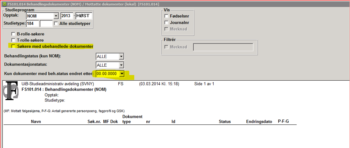 Liste Søkere med ubehandlede dokumenter Dokumenter som er lastet opp etter søknadsfristen (etteropplasting) kan man finne ved hjelp av denne rapporten: Mottatte dokumenter o FS 101.