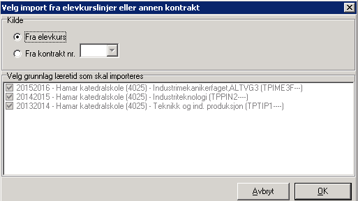 Opprettelse av kontrakt - Fagopplæring i skole - Vg3 (side 2) 4 5 4 Importer grunnlag tid Importering av skolegang gjøres via denne knappen. Velg aktuelt Vg og/eller Vg2.