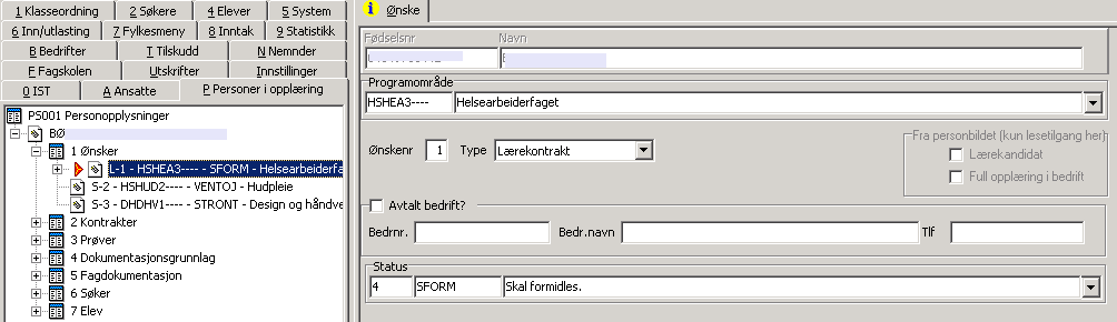 Statuskoder som direkte på ønske: Feltnavn Beskrivelse Merknad Status 4 SFORM: Kode for søkere til læreplass TILBSK: Tilbys Vg3 i skole 6 FANNET: Formidlet i annet fylke 7 TILBPR: Tilbys fagprøve