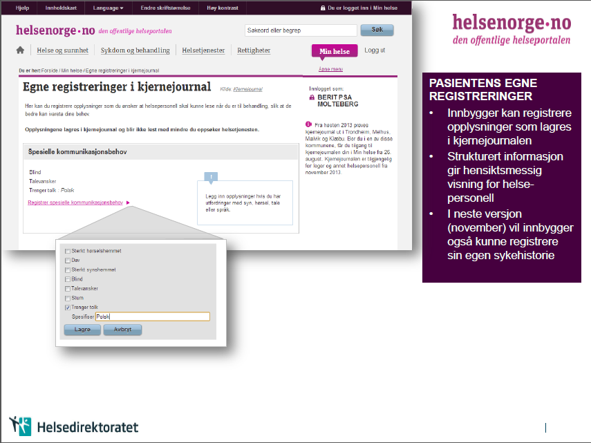 Bildet viser hvordan Kjernejournal ser ut for pasienter som logger seg på via helsenorge.no\minhelse (Minhelse) 4.2.