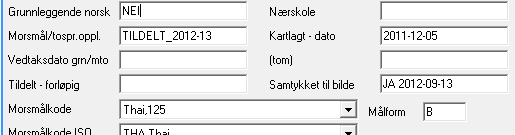 For elever som ikke skal ha mormål/tospråklig fagopplæring eller grunnleggende norsk skal feltene se slik ut: (Så lenge det står NEI på grunnleggende norsk, betyr det intet hva som står i feltet