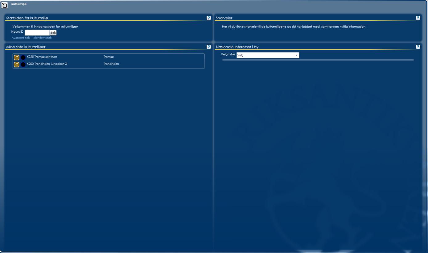 3.3 Kulturmiljø Dersom du velger Kulturmiljø i menyen på venstre side i grensesnittet vil du få opp kulturmiljøvinduet. Se 3.1. «Lokalitet» for forklaring på hvordan dette vinduet fungerer.