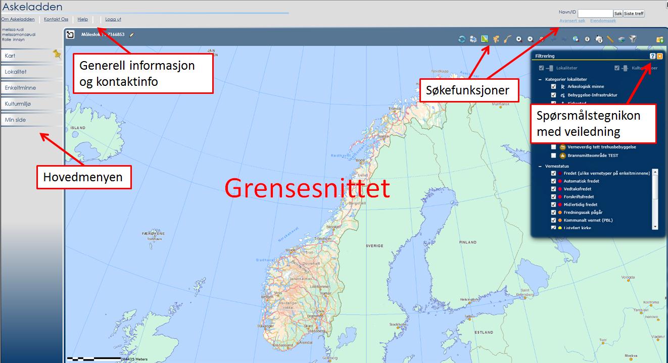 Øverst på venstre side i grensesnittet finnes overordnet informasjon om Askeladden, kontaktinformasjon, hjelpefunksjonen og utlogging av Askeladden.