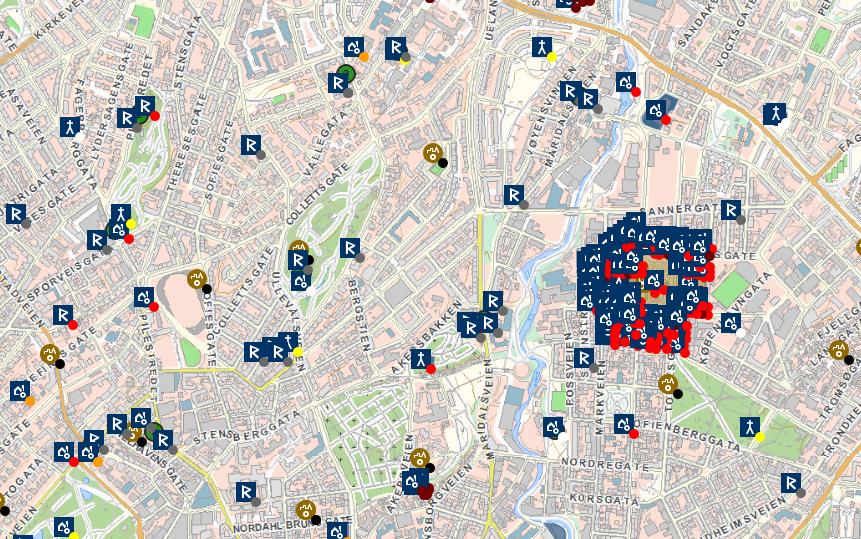 Hvis du zoomer inn, vil kulturminnene komme til syne i kartvinduet i form av symboler som representerer de forskjellige lokalitetskategoriene.