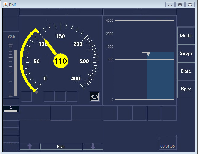 Dette vinduet representerer ERTMS-skjermen (DMI Driver Machine Interface) som lokføreren har foran seg i førerrommet. ErtmsSystem er hjernen i togets Ertms-utrustning.