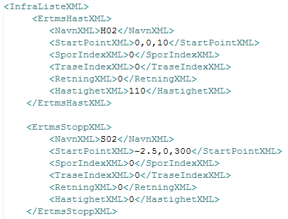 7.5 INFRA.XML Fra infra.xml leses øvrig infrastruktur. Dette kan i prinsippet være hva som helst av for eksempel skilter og signaler langs en strekning.