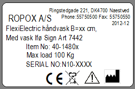 14. Merking Hver enhet har sitt eget merke som vist. Dette merket inneholder viktig informasjon som skal oppgis ved henvendelse til leverandøren. Den inneholder også opplysninger om strømtilkobling.
