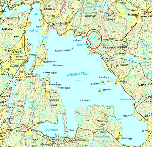 2. Område. (a) (b) Figur 1. Kart over området. Kart (a) viser Jonsvannet og områdene rundt.