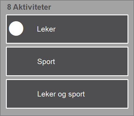 3.4.2 Aktiviteter Ved å velge Sport istedenfor Leker gjøres følgende endringer: På side 8a (høyre) endres sidehenvisning fra 8e leker til 8e sport og ordet leker legges inn med listehenvisning til