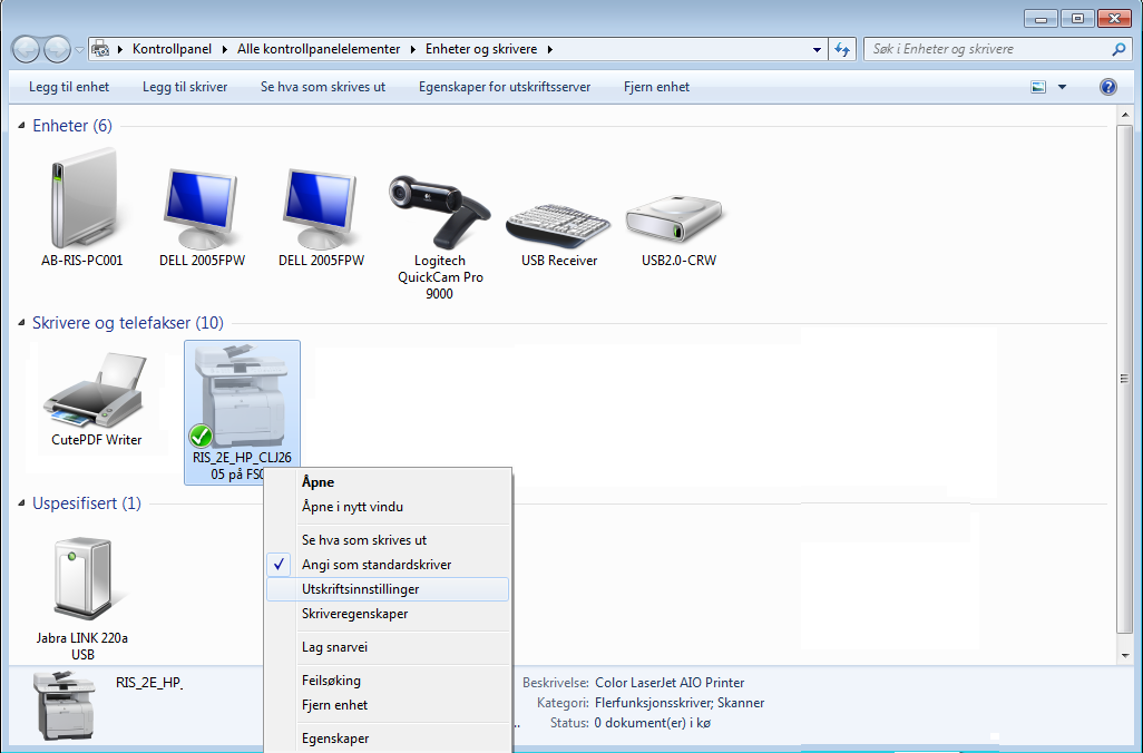 3.8.1 Skriveroppsett Trykk på Åpne Enheter og Skrivere for å komme til denne siden: Høyreklikk på skriveren og velg Angi som standardskriver.