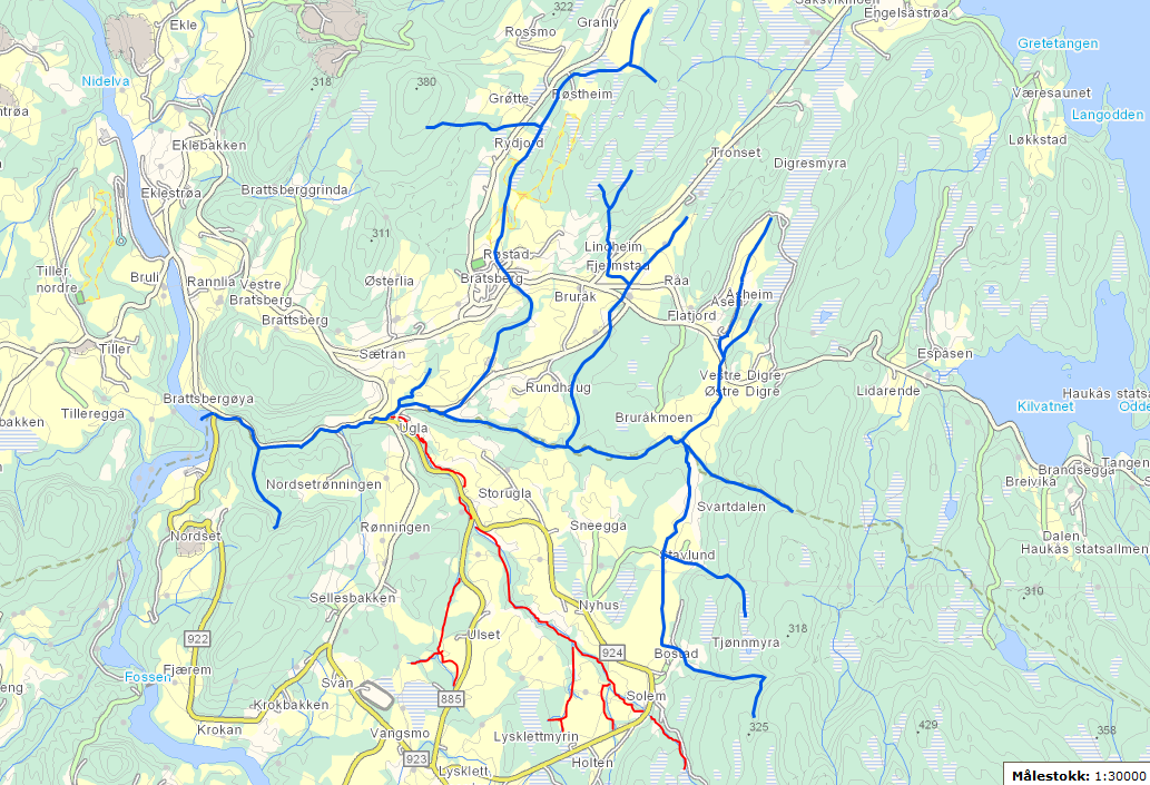 Antall fisk Antall fisk antall fisk per 1 m2 St.1 St.2 St.3 St.4 St.5 Figur 6.51. Oversikt over el- fiske stasjoner i Amundsbekken (blå strek). Sidegrena Solemsbekken (rød strek).