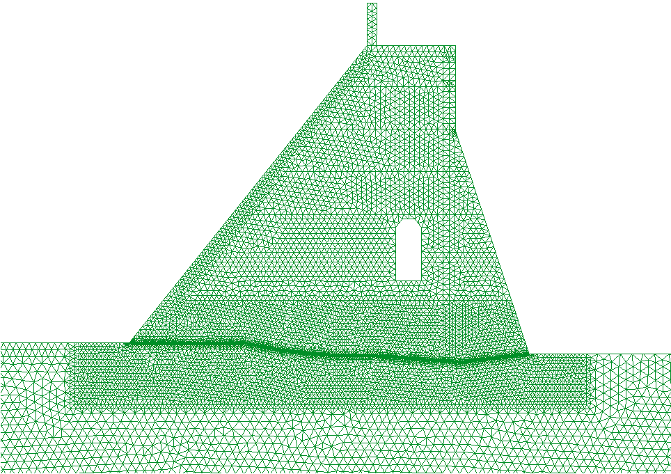 KAPITTEL 4. GLIDESTABILITET AV MÅLSETDAMMEN 4.2.1.3 Mesh Betong og fundament er modellert med lineære trekantelementer med 3 noder og 1 integrasjonspunkt.