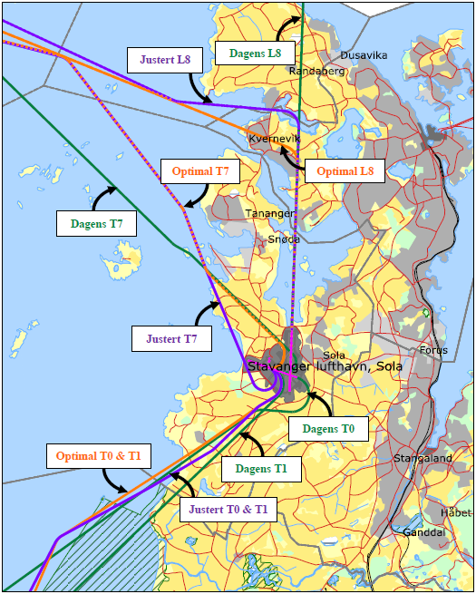 Figur 13: Endring i IFR innflyging med offshore helikopter til bane 18 og utflyging på bane 11 Separate beregninger viser at denne omleggingen vil redusere støybelastningen i de aktuelle områder som