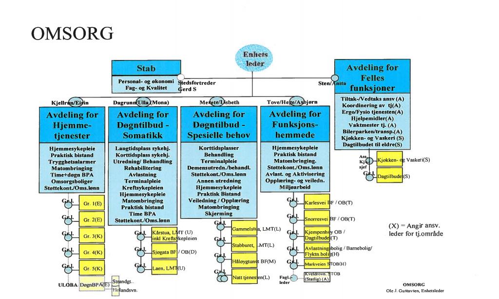 Figur 2: Organisering av enhet Omsorg Enheten omsorg består av enhetsleder, staben og de fem avdelingene; avdeling for hjemmetjenester, avdeling for døgntilbud somatikk, avdeling for døgntilbud