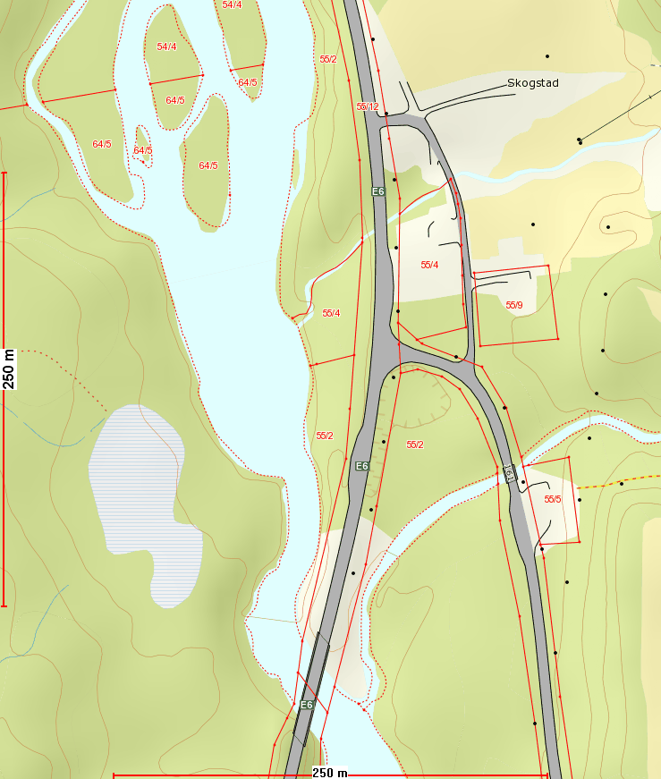 Planstatus I gjeldende arealdel til kommuneplan er E6 betegnet som viktig kommunikasjonssystem. Tilgrensende arealer er betegnet som 2.